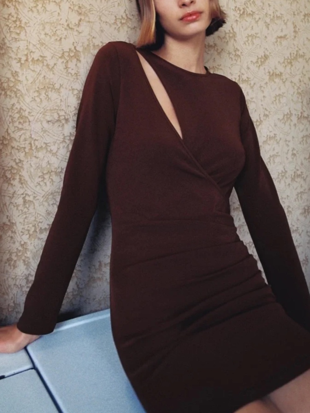 Zara Brown Long-Sleeve Cutout Bodycon Dress